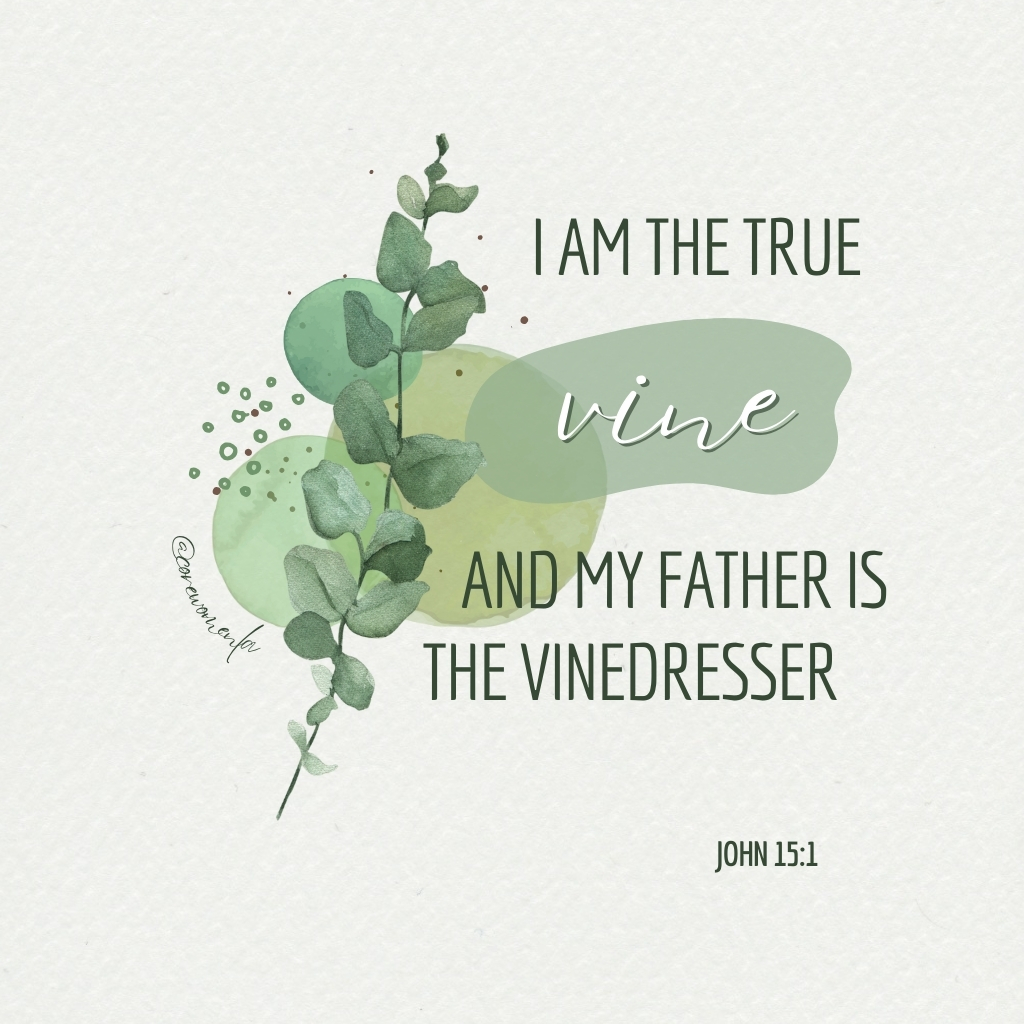 Verse John 15:1 in decorative format, with green and cream accents to a sprig of a pruned plant.